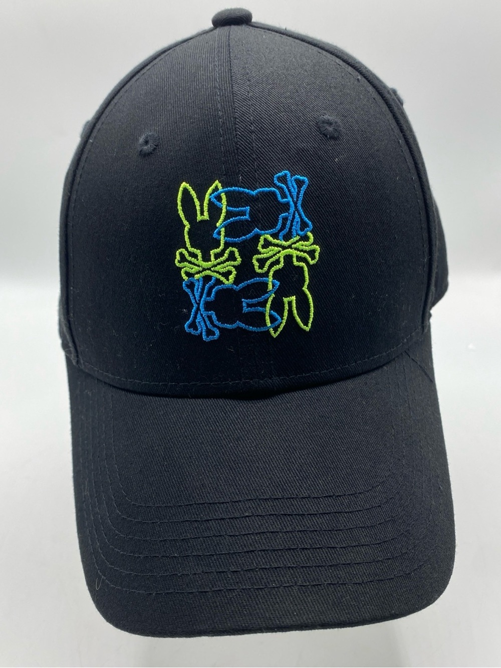 Psycho Bunny Men's Black Rodman Baseball Cap Green Blue Bunny Adjustable